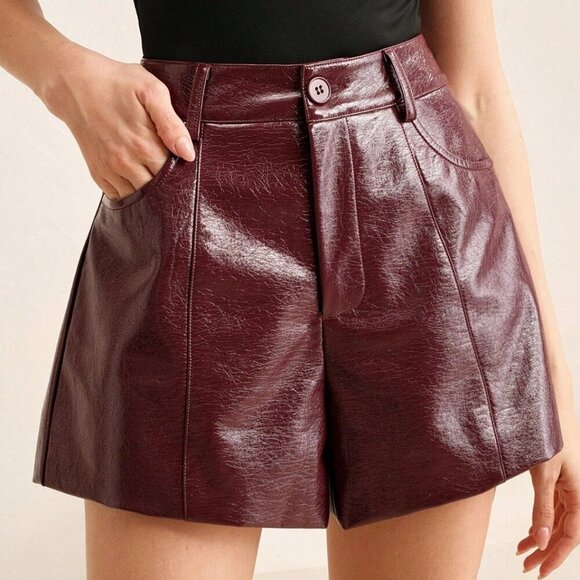 Burgundy Casual Women's Business Chic Iridescent Faux Leather Shorts - Picture 5 of 6